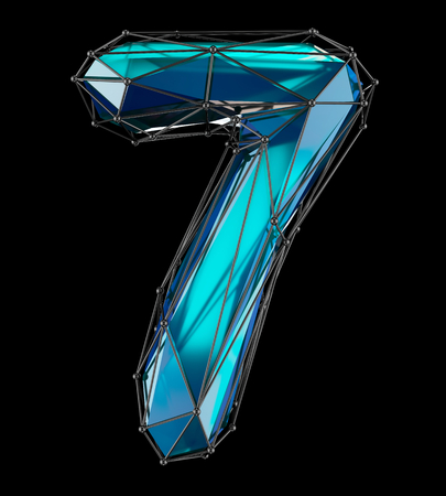 Number 7 seven in low poly style blue color isolated on black background. 3d renderingの写真素材