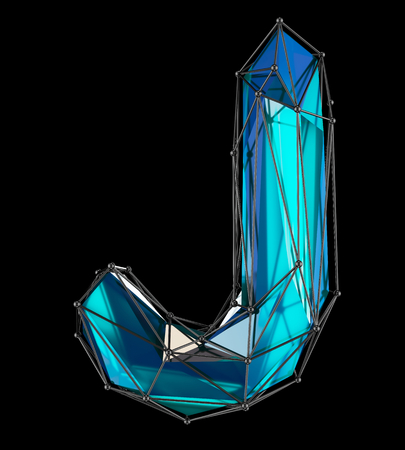 Capital latin letter J in low poly style blue color isolated on black background. 3d renderingの写真素材