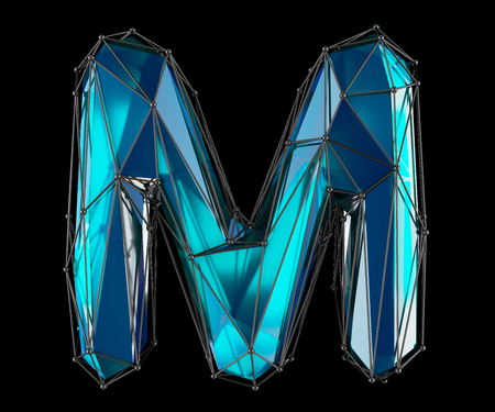 Capital latin letter M in low poly style blue color isolated on black background. 3d renderingの写真素材