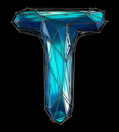 Capital latin letter T in low poly style blue color isolated on black background. 3d renderingの写真素材
