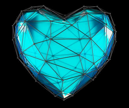 heart made in low poly style blue color isolated on black background. 3d renderingの写真素材