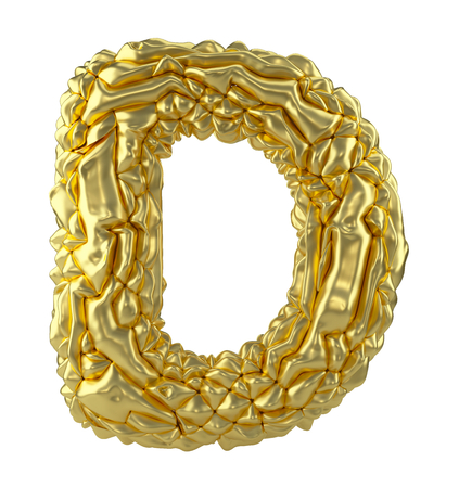 Capital latin letter D made of crumpled gold foil isolated on white background. 3d renderingの写真素材
