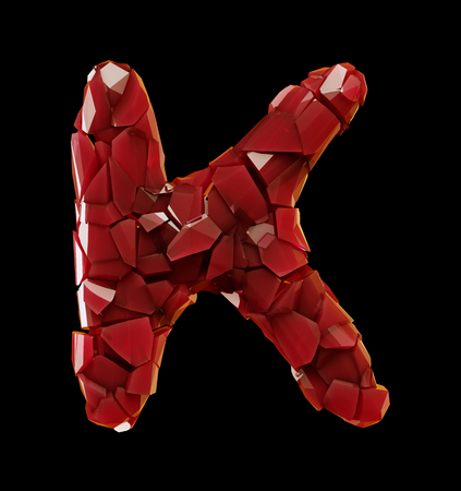 Alphabet made of plastic shards red color isolated on black background- letter K 3d renderingの写真素材