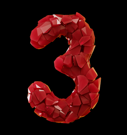 Number 3 three made of plastic shards red color isolated on black background. 3d renderingの写真素材
