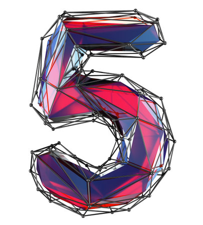 Number 5 five in low poly style red color isolated on white background. 3d rendering