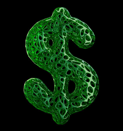 Dollar sign made of green plastic with abstract holes isolated on black background. 3d rendering
