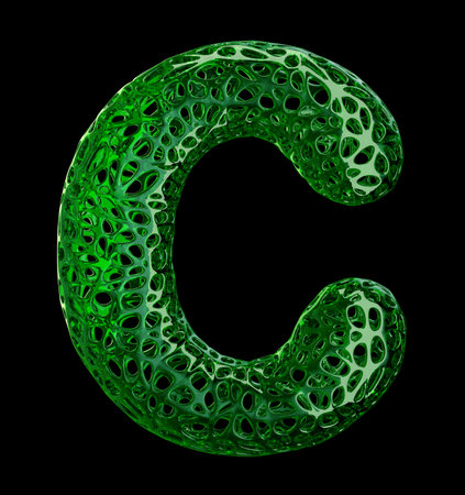 Letter C made of green plastic with abstract holes isolated on black background. 3d renderingの写真素材