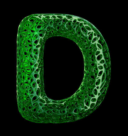 Letter D made of green plastic with abstract holes isolated on black background. 3d renderingの写真素材