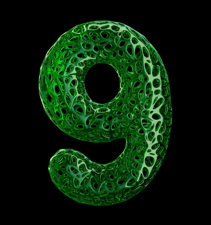 Number 9 nine made of green plastic with abstract holes isolated on black background. 3d rendering