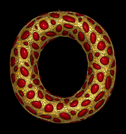 Golden shining metallic 3D with red glass symbol capital letter O - uppercase isolated on black. 3d renderingの写真素材