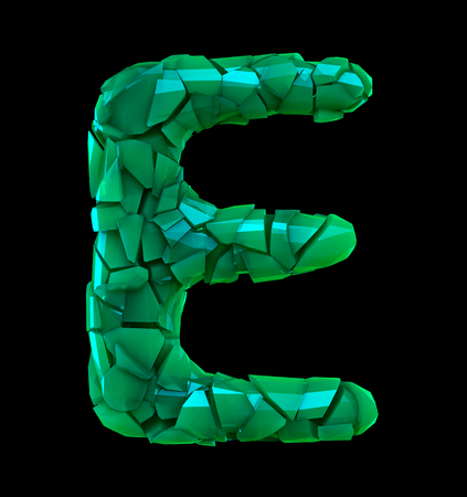 Capital letter E made of broken plastic green color isolated on black background. 3d renderingの写真素材