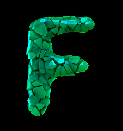 Capital letter F made of broken plastic green color isolated on black background. 3d renderingの写真素材