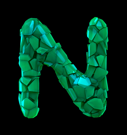 Capital letter N made of broken plastic green color isolated on black background. 3d renderingの写真素材