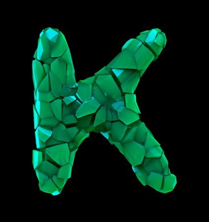 Capital letter K made of broken plastic green color isolated on black background. 3d renderingの写真素材