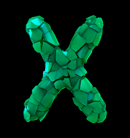 Capital letter X made of broken plastic green color isolated on black background. 3d renderingの写真素材