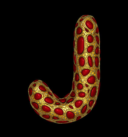 Golden shining metallic 3D with red glass symbol capital letter J - uppercase isolated on black. 3d renderingの写真素材