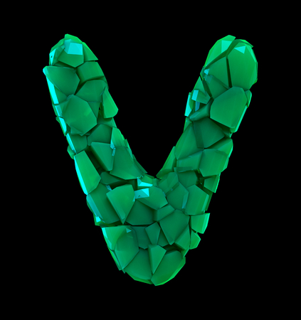 Capital letter V made of broken plastic green color isolated on black background. 3d renderingの写真素材