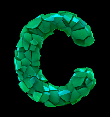 Capital letter C made of broken plastic green color isolated on black background. 3d renderingの写真素材