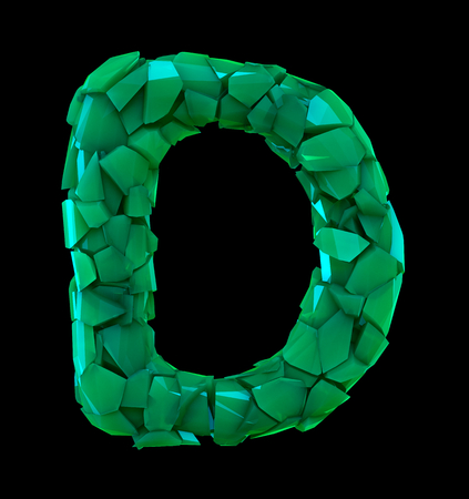 Capital letter D made of broken plastic green color isolated on black background. 3d renderingの写真素材