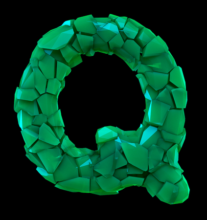 Capital letter Q made of broken plastic green color isolated on black background. 3d renderingの写真素材