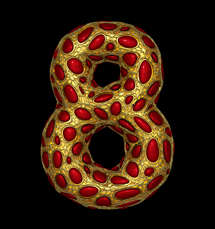 Number 8 eight made of golden shining metallic 3D with red glass isolated on black background. 3d renderingの写真素材