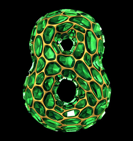 Number 8 eight made of green diamond isolated on black background. 3d rendering