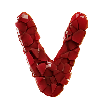 Alphabet made of plastic shards red color isolated on white background- letter V 3d renderingの写真素材