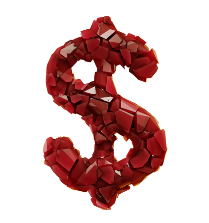Dollar sign made of plastic shards red color isolated on white background. 3d renderingの写真素材