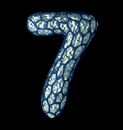Number 7 seven made of silver shining metallic 3D with blue cage isolated on white 3d renderingの写真素材