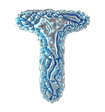 Capital latin letter T made of crumpled silver and blue foil isolated on white background. 3d renderingの写真素材