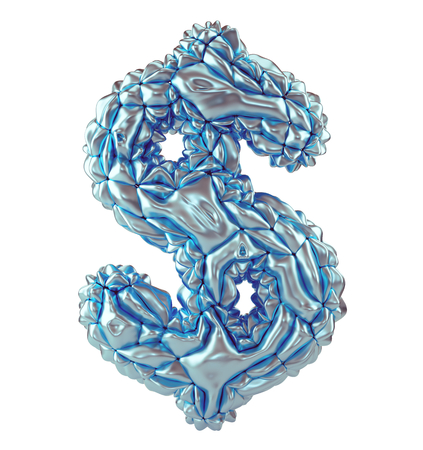 Dollar sign made of crumpled silver and blue foil isolated isolated on white background. 3d renderingの写真素材
