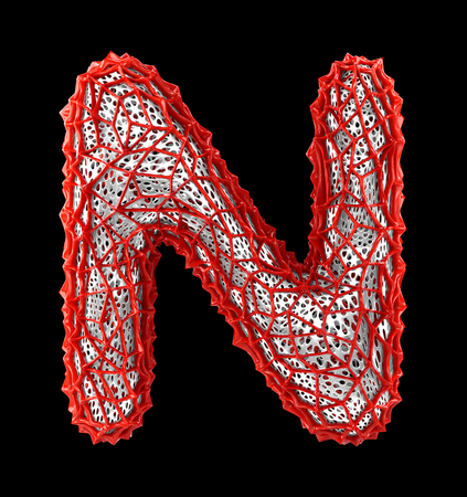 Red plastic letter N with abstract holes isolated on black background. 3d renderingの写真素材