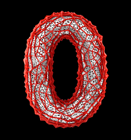 Number 0 zero made of red plastic with abstract holes isolated on black background. 3d renderingの写真素材