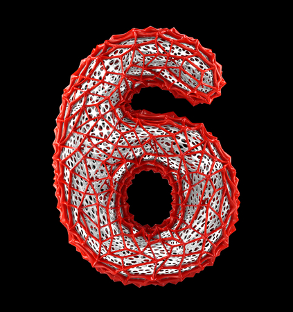 Number 6 six made of red plastic with abstract holes isolated on black background. 3d renderingの写真素材