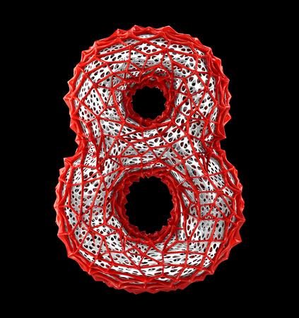 Number 8 eight made of red plastic with abstract holes isolated on black background. 3d renderingの写真素材