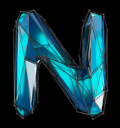 Low Poly Alphabet Letter N. Blue color Isolated on black 3d renderingの写真素材