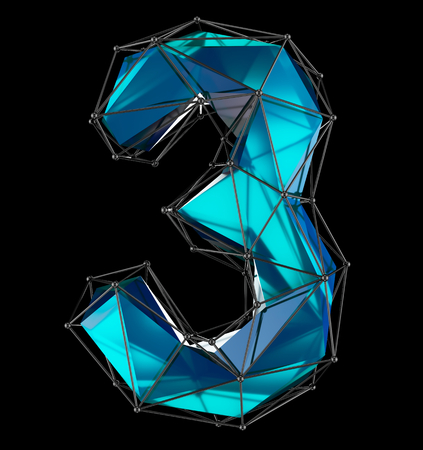 Low poly style number 3. Blue color isolated on black background. 3d renderingの写真素材