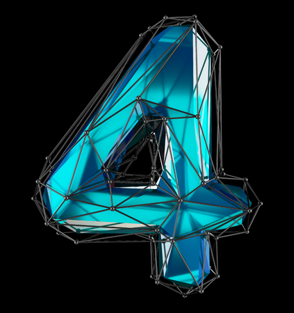 Low poly style number 4. Blue color isolated on black background. 3d renderingの写真素材