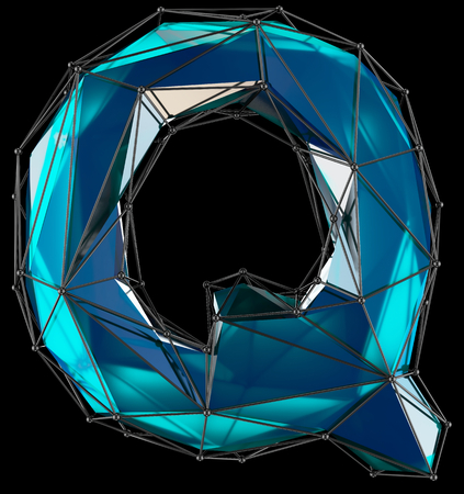 Low Poly Alphabet Letter Q. Blue color Isolated on black 3d renderingの写真素材