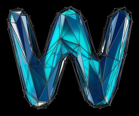 Low Poly Alphabet Letter W. Blue color Isolated on black 3d renderingの写真素材
