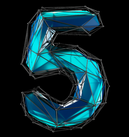 Low poly style number 5. Blue color isolated on black background. 3d renderingの写真素材