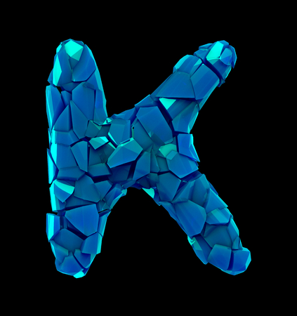 Alphabet made of plastic shards blue color isolated on black background- letter K 3d renderingの写真素材