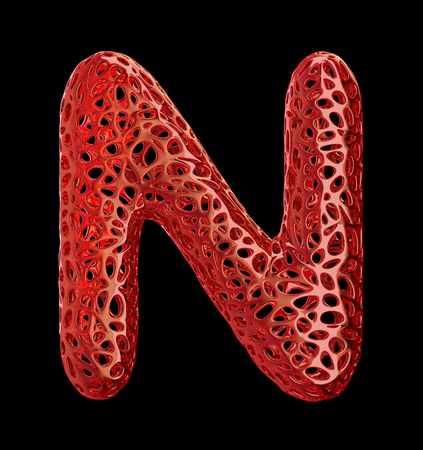 Letter N made of red plastic with abstract holes isolated on black background. 3d renderingの写真素材
