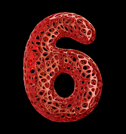 Number 6 six made of red plastic with abstract holes isolated on black background. 3d renderingの写真素材
