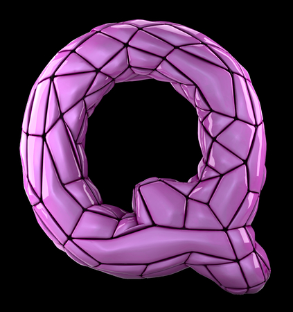 Capital latin letter Q in low poly style pink color plastic isolated on black background 3d renderingの写真素材