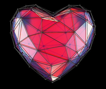 heart made in low poly style red color isolated on black background. 3d renderingの写真素材