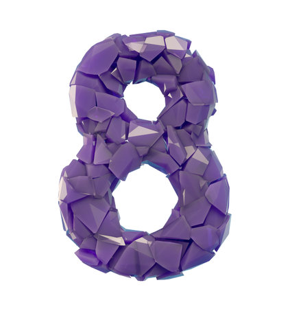 number eight 8 in a 3D illustration made of broken plastic purple color isolated white background