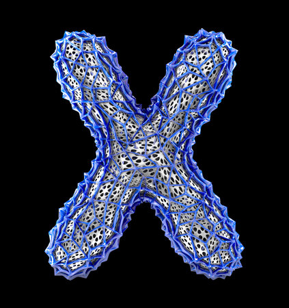 Blue plastic letter X with abstract holes isolated on black background. 3d renderingの写真素材