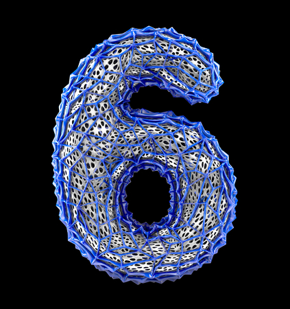 Number 6 six made of blue plastic with abstract holes isolated on black background. 3d renderingの写真素材