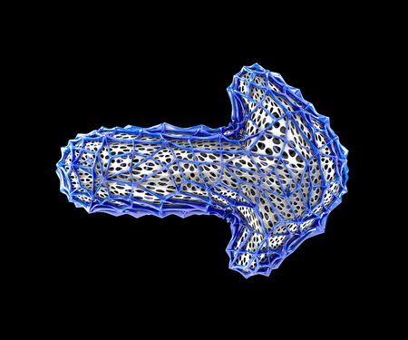 Arrow made of blue plastic with abstract holes isolated on black background. 3d renderingの写真素材